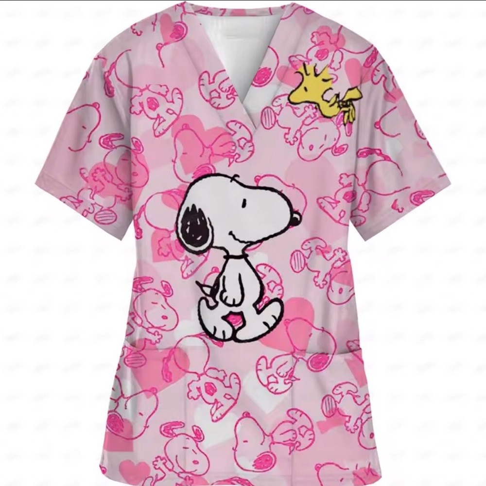 Snoopy Pink Nurse Uniform Women's V Neck Short Sleeve.